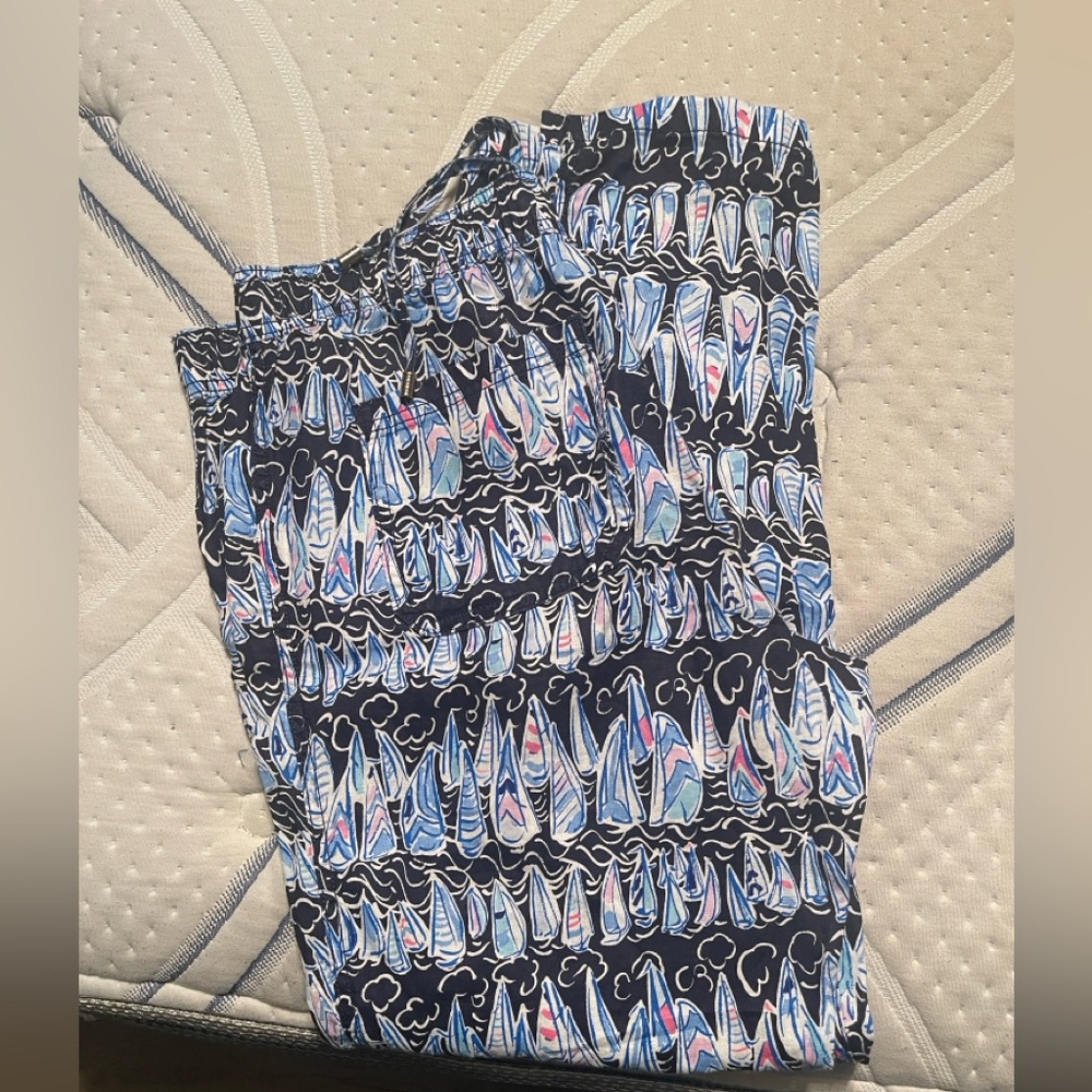 Taron Linen Pants Navy Sailboat Print Super Cute Sea Ocean. NWOT.